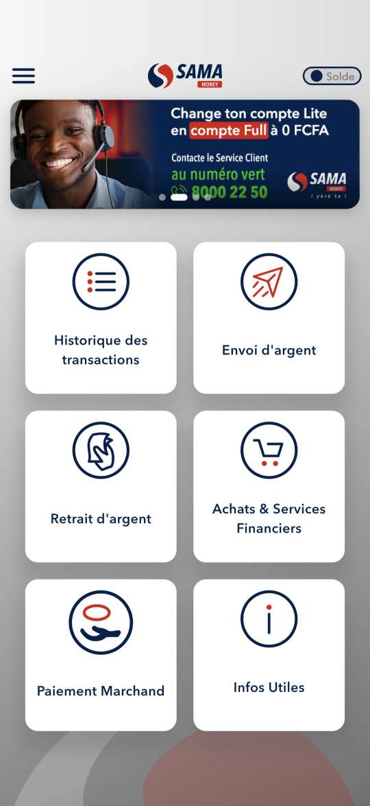 L'application SAMA Money : historique, envoi d'argent, retrait, achats et services, paiement marchand.